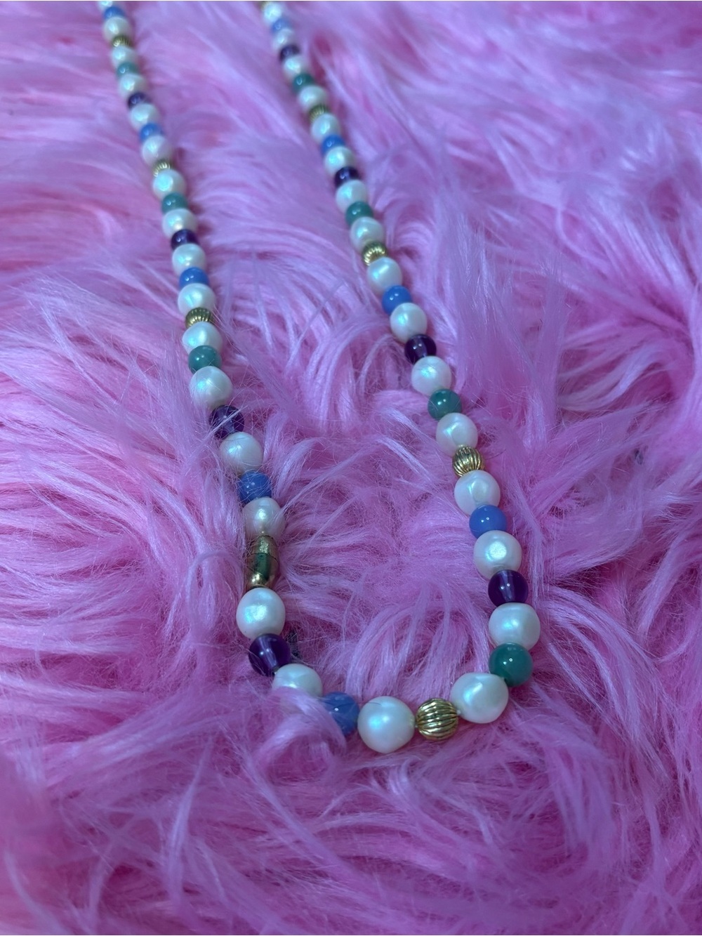 Long Pastel Pearl Beaded Necklace Purple Blue Green Vintage
